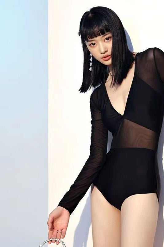 Sheer Panel Long Sleeve Swimsuit