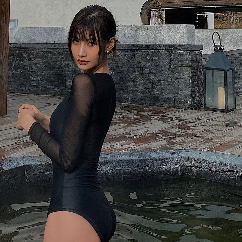 Sheer Panel Long Sleeve Swimsuit