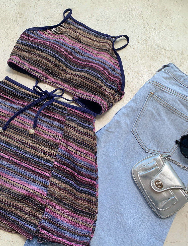 Boho Crochet Look Bikini Set with Skirt Cover-Up