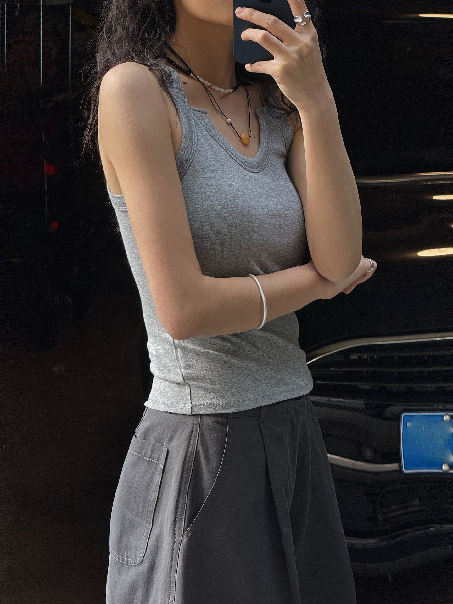 Cutout Neck Ribbed Tank