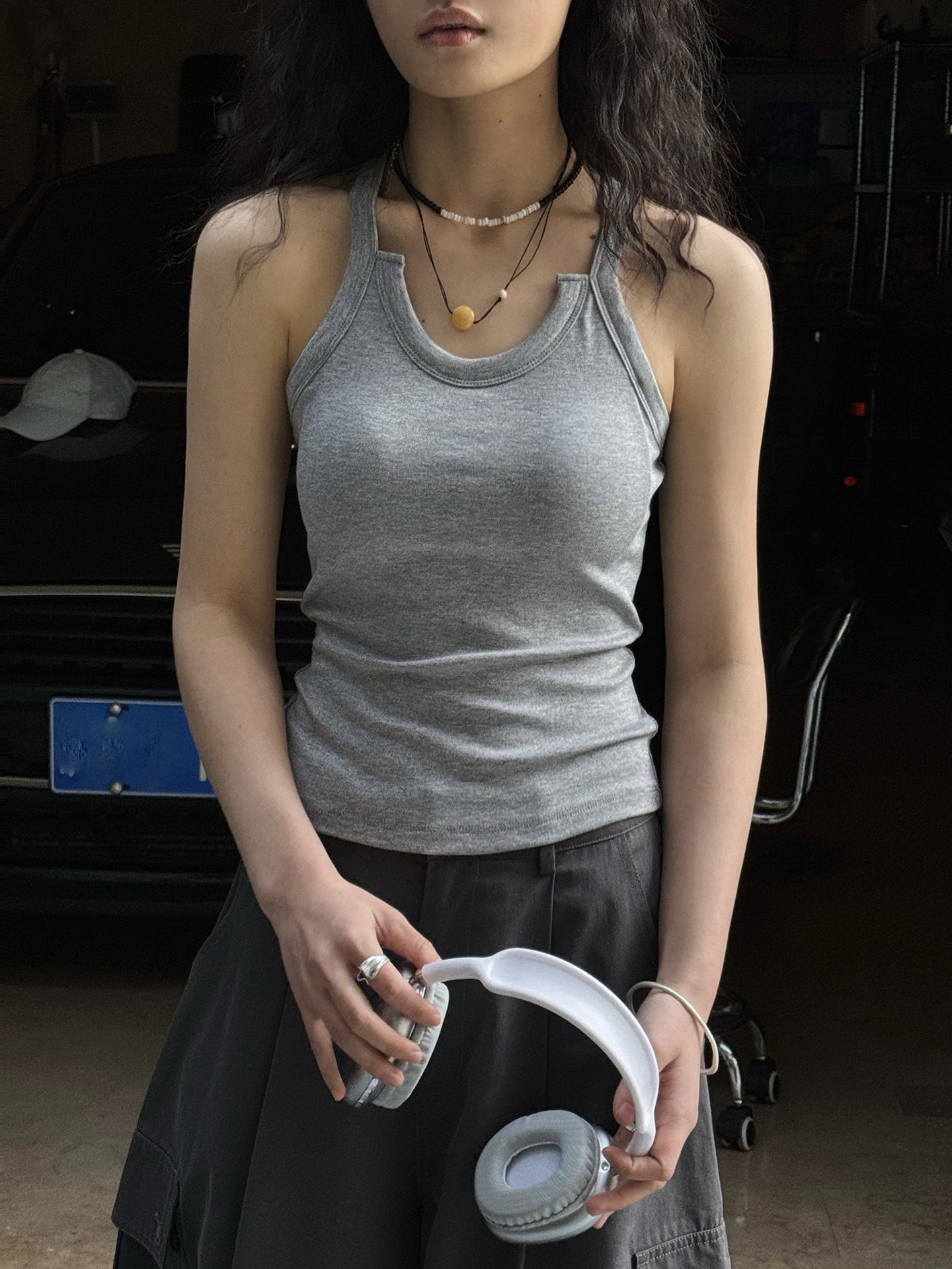 Cutout Neck Ribbed Tank