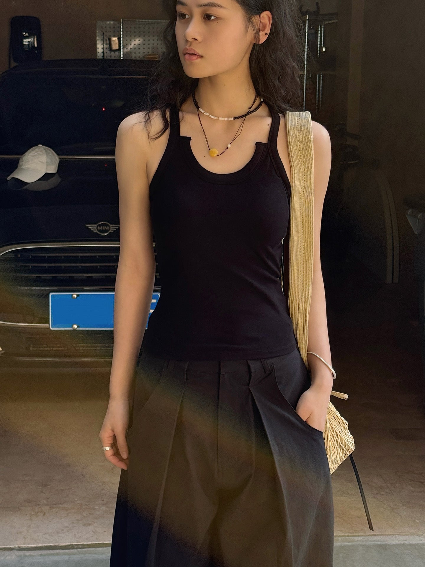 Cutout Neck Ribbed Tank