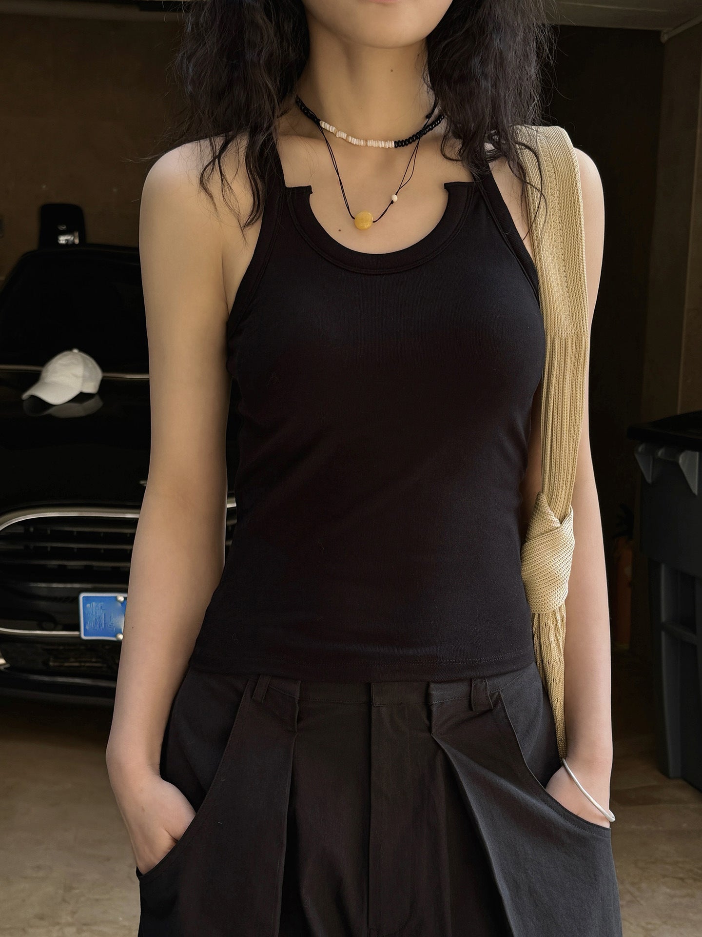 Cutout Neck Ribbed Tank