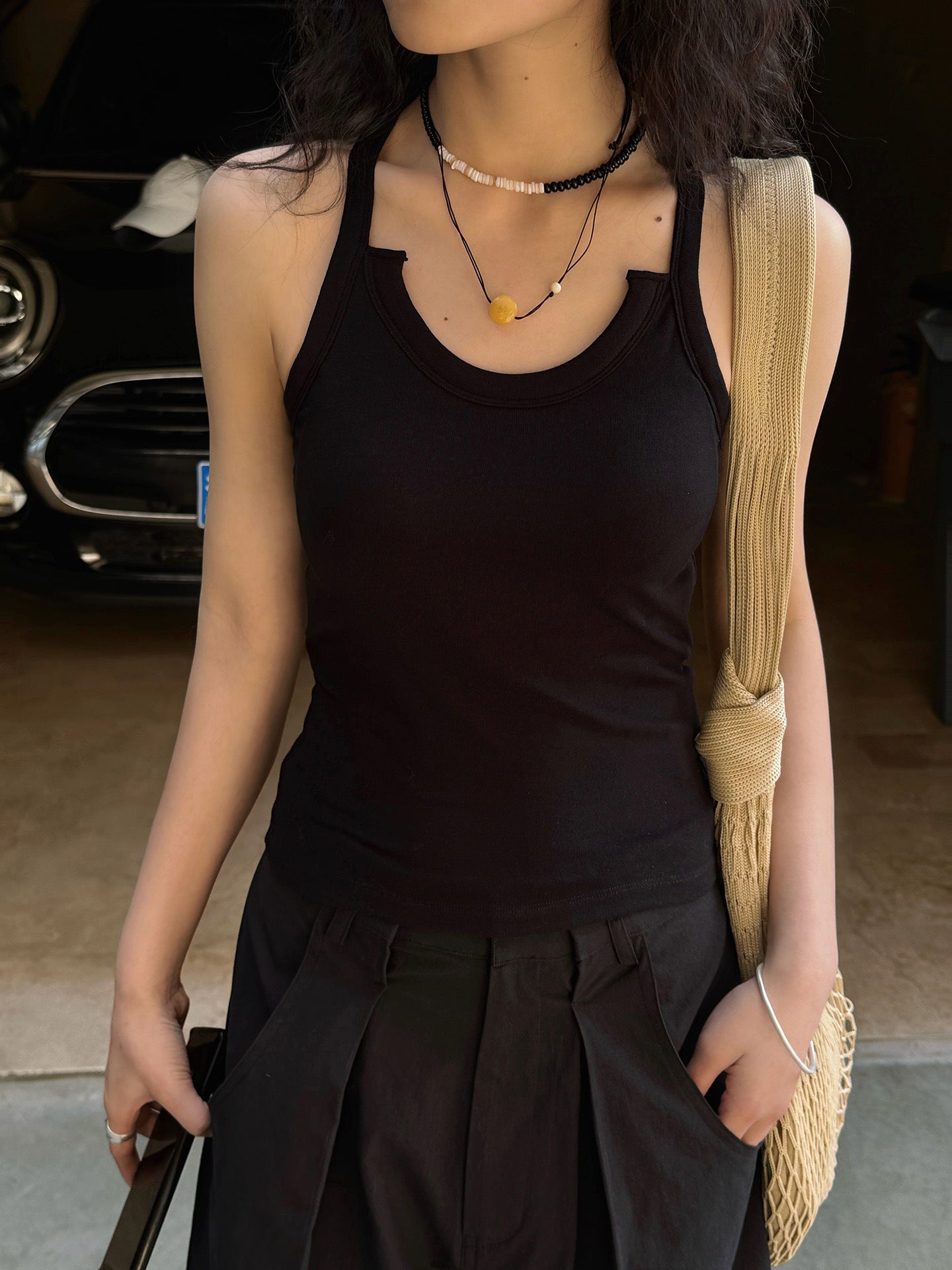 Cutout Neck Ribbed Tank