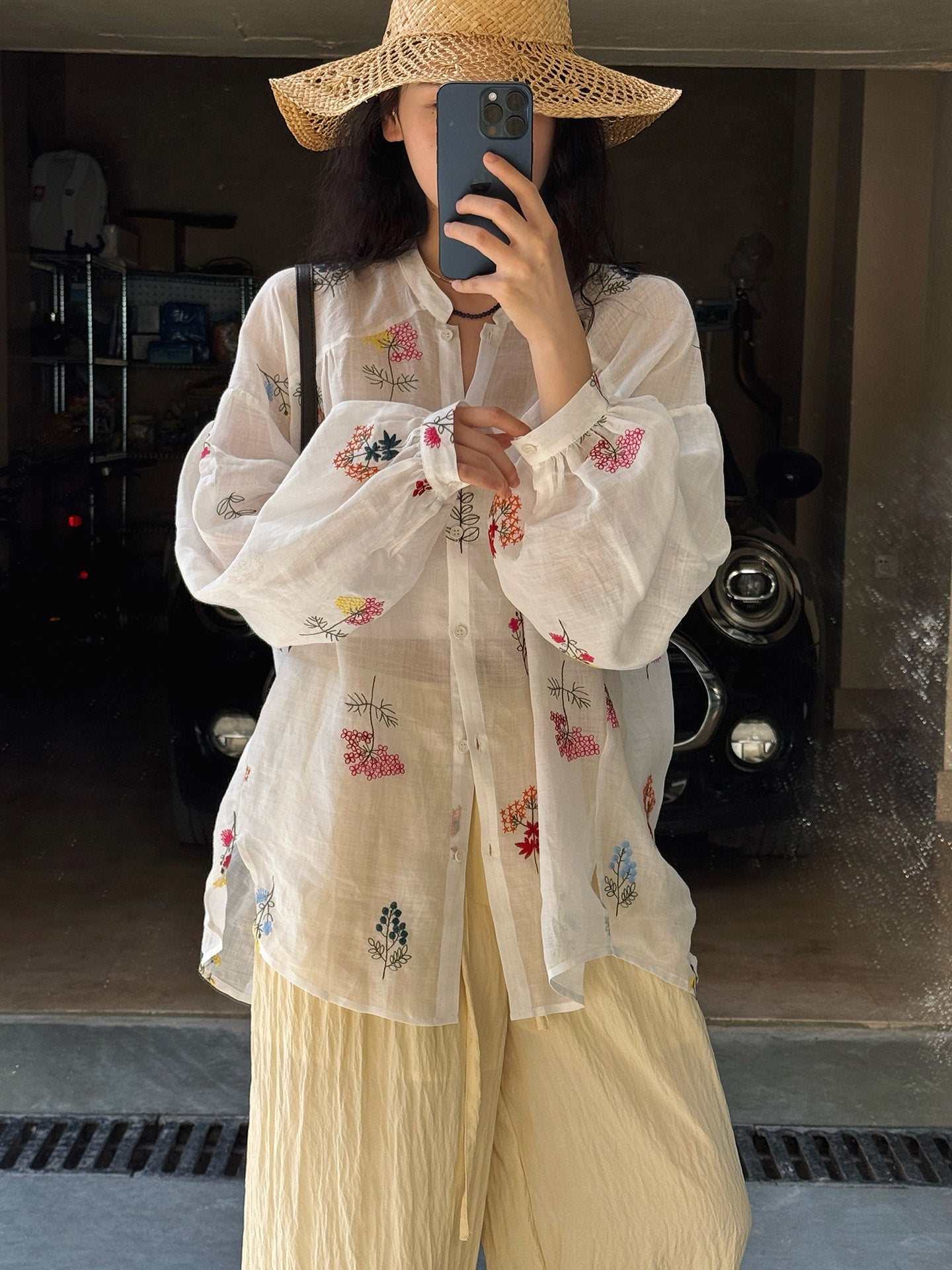 Embroidered Botanical Sheer Shirt