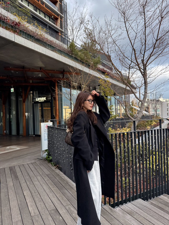 缺口領羊毛混紡大衣