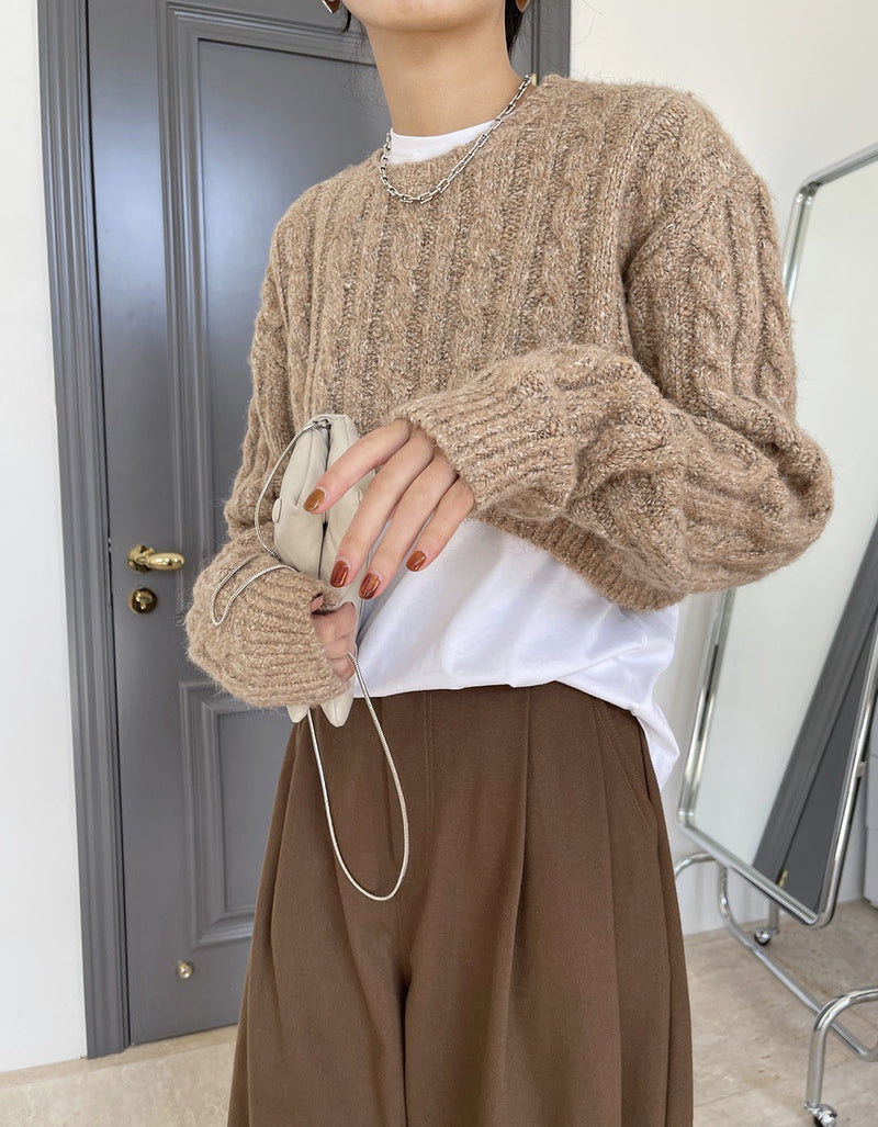 Cropped cable knit sweater